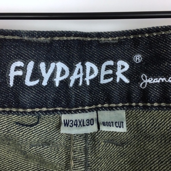 FLYPAPER Jeans Bootcut Distressed Dark Size 34 x 30 Short Inseam NWT Canvas Belt - Picture 7 of 9